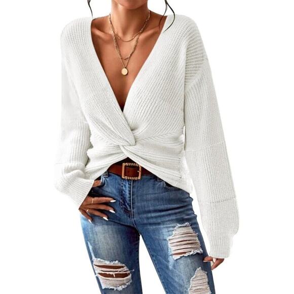 Pink Queen Women's White Casual Pullover Sweaters Sexy V Neck Sweater Top - Picture 1 of 5